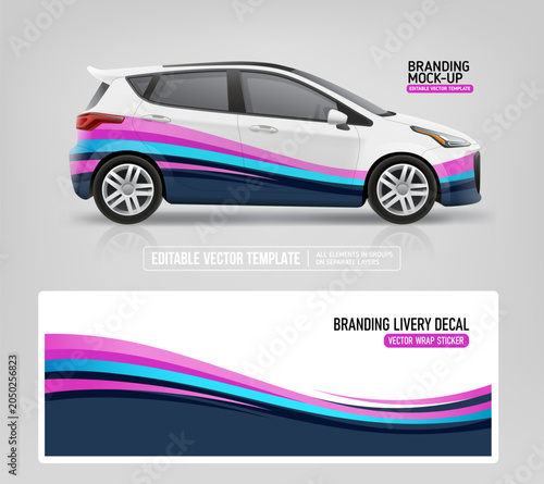 Car Mockup with branding  wrap design of Abstract stripes graphics corporate identity on vehicle. Corporate Car mockup. Branding vehicle mockup. Ad banner background. Editable vector template