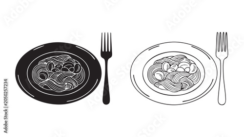 plate and fork icon with ramen noodle illustration