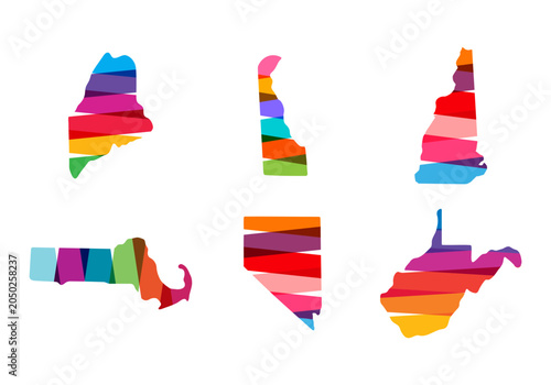 Photography Set colorful Delaware, New Hampshire, Maine, Massachussets, Nevada, West Virginia States Map logo template