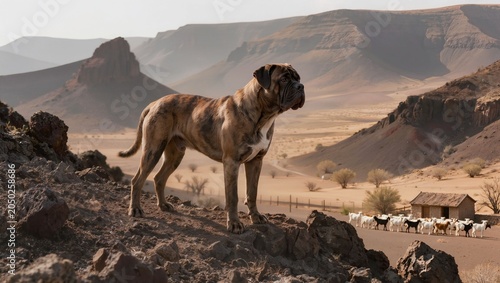 Brindle Perro de Presa Canario dog standing on a volcanic rock ridge in its native Canary Islands habitat