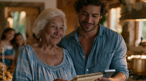 Family matriarch photographs her handwritten Puerto Rican sofrito recipe in a spiral notebook held by her adult son while a pot of recao simmers on the stove and grandchildren