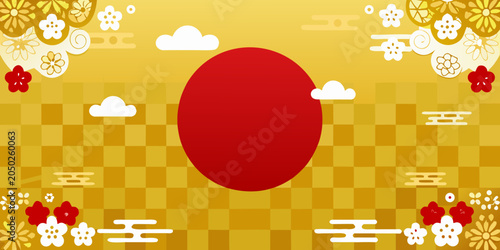 Billede på lærred Japanese Rising Sun Design With Floral Ornament And Checkerboard Pattern