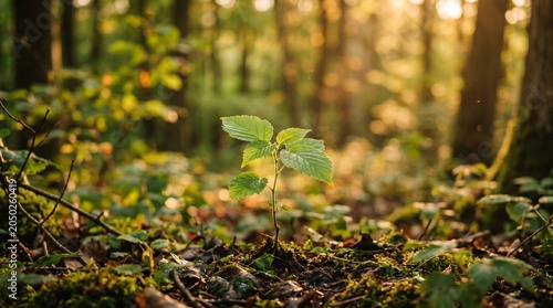 Young green sapling growing in a sunlit forest floor