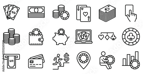 Photos Casino gambling and financial betting vector icon set with gambling blackjack cu