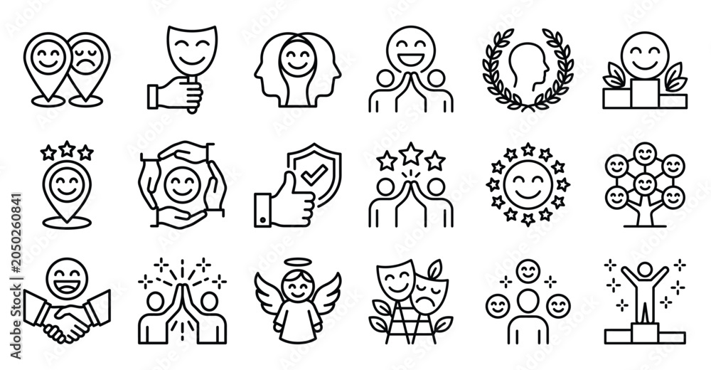 Obraz premium Human emotions and feelings linear icon set vector with happiness psychology interaction relationship illustration expression character
