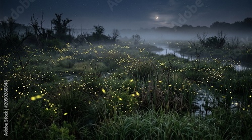 Night cityscape with glowing fireflies over urban landscape