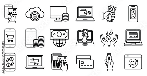 Online banking and digital finance thin line icons vector with transaction shopping business currency transfer illustration application