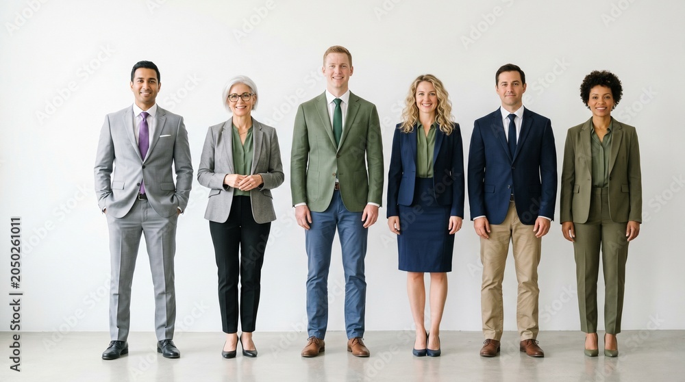 Obraz premium Diverse group of business professionals standing together in formal attire against a plain white background