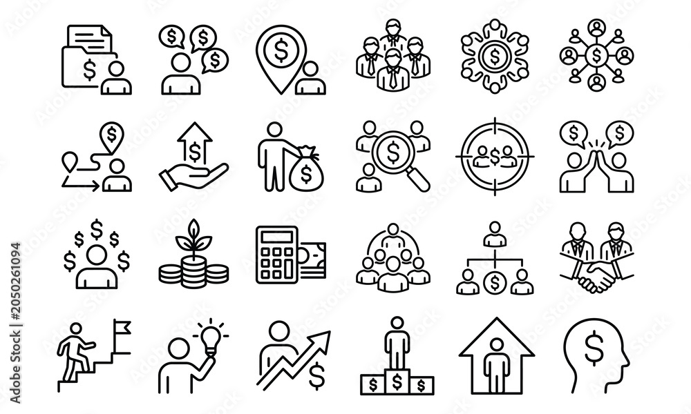 Fototapeta premium Set of finance and investment business management line icons with business investment management strategy corporate financial planning