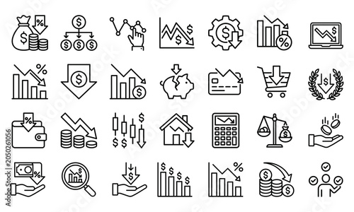 Foto Financial crisis and economic downturn line icons with recession downturn busine