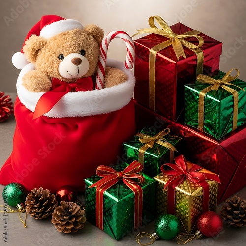 Christmas gift box with teddy bear and presents