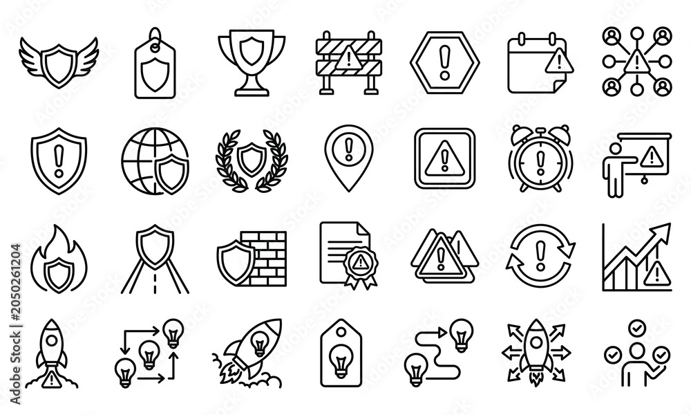 Fototapeta premium Business and security alert icon set vector illustration with security business innovation management strategy planning collection protection