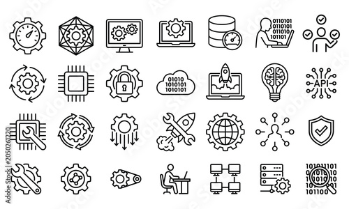 Software development and technical engineering line icons with software development technology programming engineering computer security
