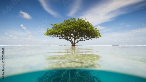 A lone tree with visible roots stands in clear blue water