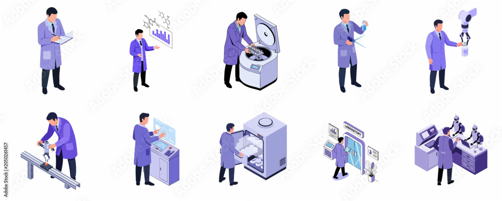 Fototapeta premium Isometric Science Laboratory Research Set with Scientists and Advanced Biotech Equipment