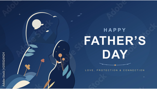 Happy Father's Day Papercut Card Template Featuring Father and Son Silhouette, Layered Paper Cut Art Greeting Card Design, Family Love Celebration Background, Creative DIY Paper Craft Illustration.