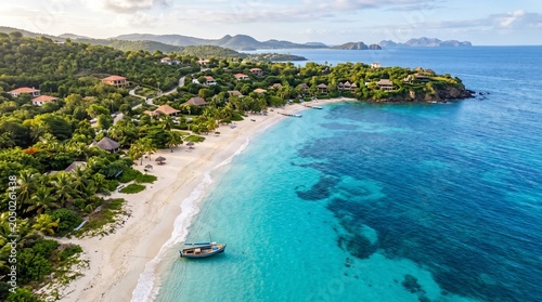 Tropical beach with turquoise water and small boat