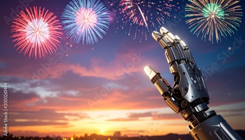 Futuristic Robotic Hand Reaching Toward Colorful Fireworks at Sunset