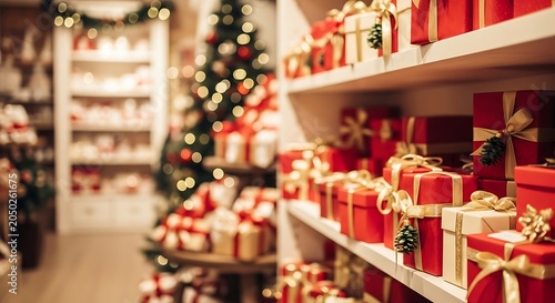 Christmas gift box ideas red and gold presents on shelves with christmas tree