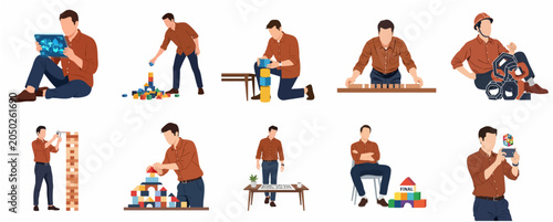 Collection of Man Character Building and Planning with Blocks and Technology Illustrations