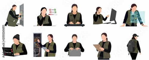 Female IT Specialist and System Administrator Working in Data Center Illustration Set