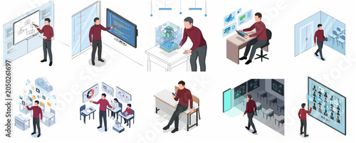 Isometric Illustrations Set of Modern Digital Technology Education and Software Development featuring a Professional Male Character