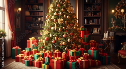 Christmas gift box pile under decorated tree