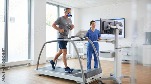 Male patient exercises on a treadmill while a female doctor monitors vitals during a cardiac stress test in a modern clinic. Professional commercial medical stock photos.