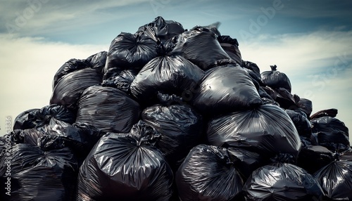 a overflowing pile of various sized black trash bags municipal waste pollution