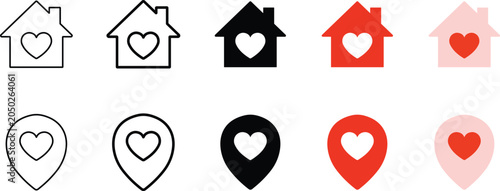 Obraz na plátne Home and Location Pin with Heart Icon Set, Favorite Place and House Love Symbol, Real Estate and Destination Map Pointer