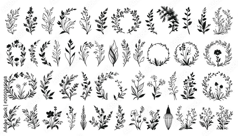 Fototapeta premium Botanical sketches collection showcases various hand drawn floral sprigs, leafy branches, and circular wreaths arranged in a structured grid pattern for versatile use in professional graphic design.