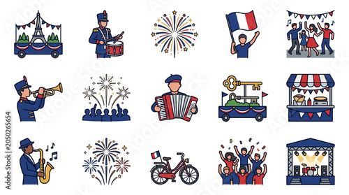 Bastille Day Celebration Icon Set.