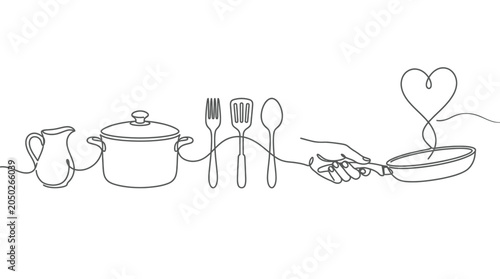 Minimalist vector illustration featuring continuous line drawing of kitchen utensils and a heart shaped steam