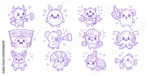 Canvas Print Kawaii Sports Fan Monsters and Animals Set - Cute Line Art Cheering Characters V