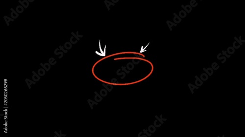 A red circle with two white arrows pointing to it on a black background