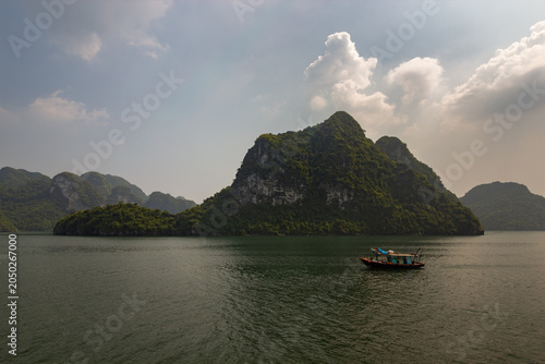 Photography Scenic view of a small boat sailing past a large green limestone mountain in Hal