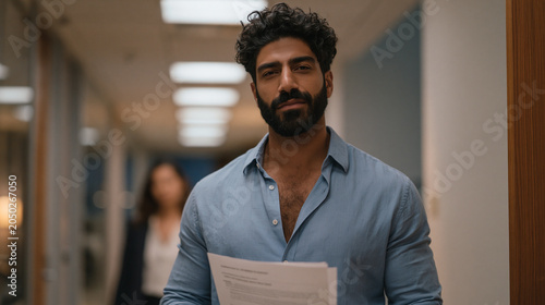 Mid-level engineer stands outside his department head's office holding a printed internal report documenting falsified safety test results, rehearsing his words silently in the