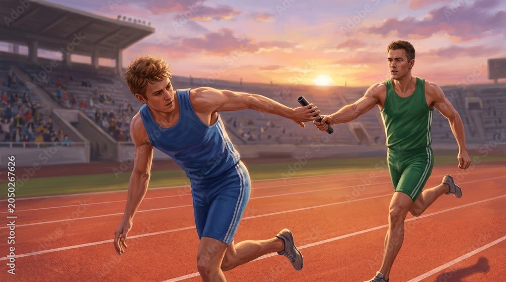 Fototapeta premium athlete passing baton in relay race on Olympic track at sunset teamwork speed coordination dynamic sports concept.