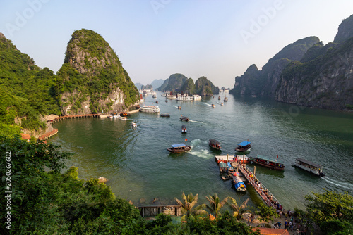 Fotografie Elevated view of numerous tourist boats and cruises sailing through the green wa