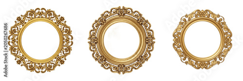 Luxury Vintage Round Gold Frame Set Isolated on White Background, Elegant Antique Ornate Borders for Portraits and Mirrors