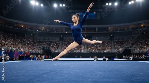 athlete performing floor routine in sports arena strength flexibility balance gymnastics dynamic movement concept.