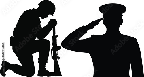 Tableau sur toile Military silhouettes, soldier kneeling, salute vector icons, black and white