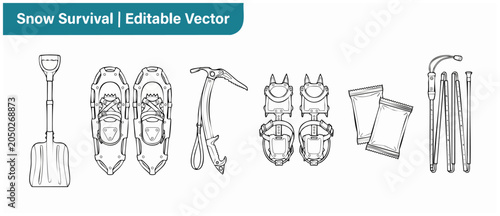 Bild auf Leinwand Winter survival gear vector icons set for alpine mountaineering and snow safety