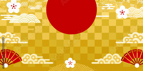 Billede på lærred Japanese Rising Sun Design With Floral And Wave Pattern Vector Illustration