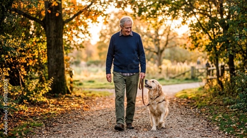 outdoor companionship, an elderly man enjoys a tranquil stroll with his dog during golden hour