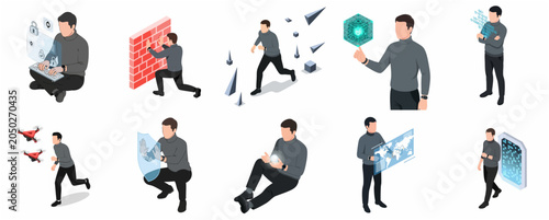 Isometric Man Interacting with Advanced Technology, Cybersecurity, and Digital Data Concepts Set