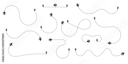 airplane flight path dotted route travel navigation vector set