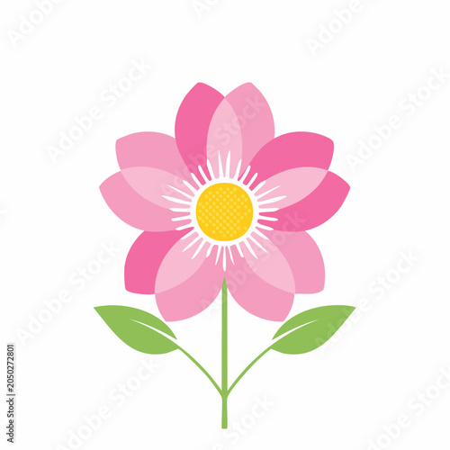 Stylized Pink Flower with Yellow Center and Green Leaves