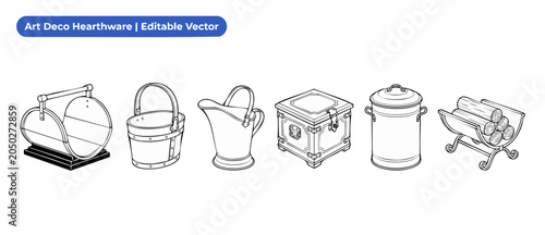 Art Deco Fireplace Accessories Vector Set featuring vintage log holder, wooden bucket, coal scuttle bucket, treasure chest, ash can, and wood grate in clean line art style isolated on white background