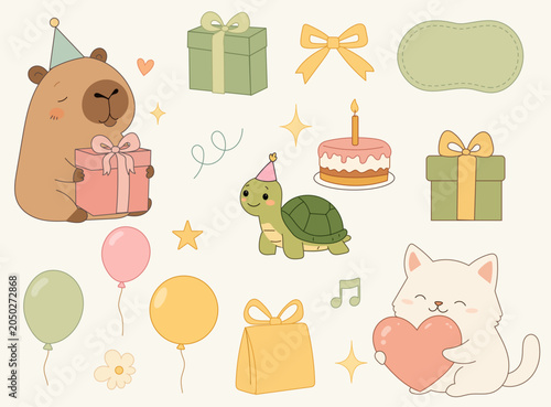 Funny Cartoon Character Collection. Cute Positive Animal.  Happy Birthday Greeting Card Element Set. Kid Party Invitation Decorative Kawaii Mascot Nursery Art. Baby T-Shirt Print Design